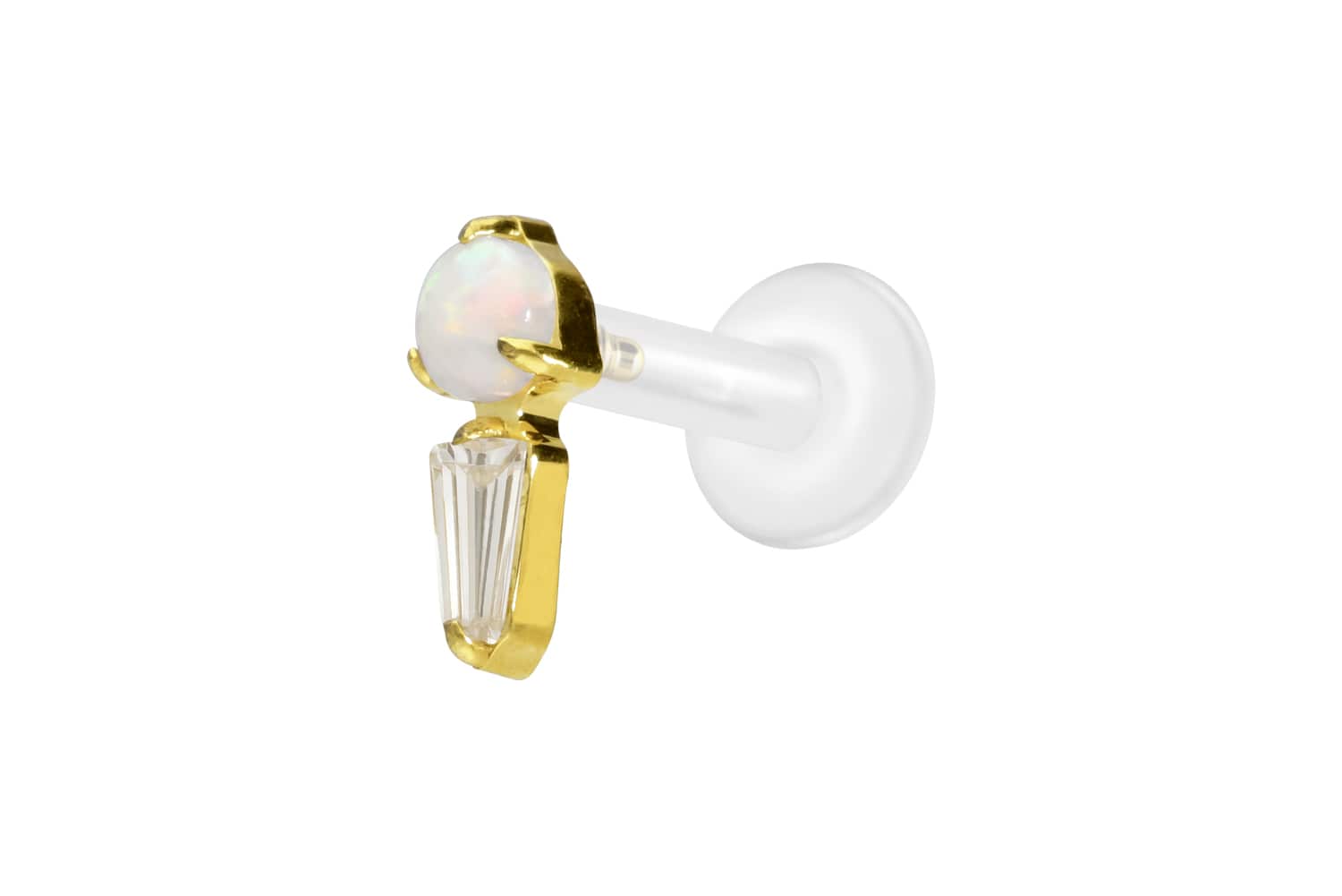 PTFE Labret Piercing mit Innengewinde + Titan-Aufsatz SYNTHETISCHER OPAL + KRISTALLRECHTECK